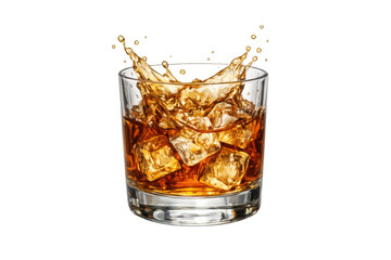 Whiskey splash in a rocks glass with ice, golden liquid spraying, brown alcoholic drink refreshment on transparent background