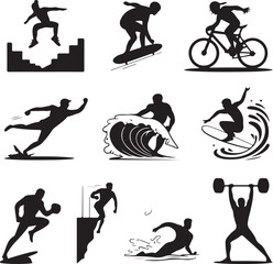 Obraz premium Black silhouettes of people performing various sports activities running cycling surfing skateboarding
