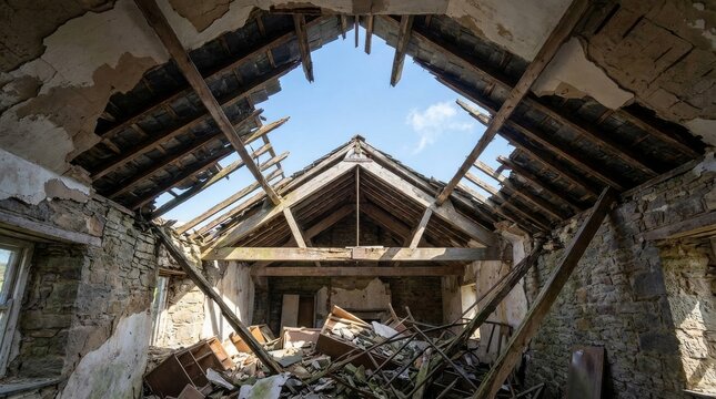Ruined Building Roof With Gaping Hole Revealing Sky