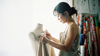 Asian fashion designer draping fabric on a mannequin in bright studio