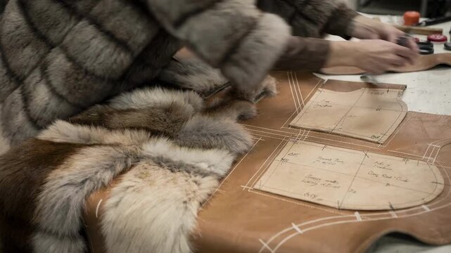 Medium shot of hands arranging fur panels on hides focusing on the intricate pattern drafting for a luxurious long fur coat design.