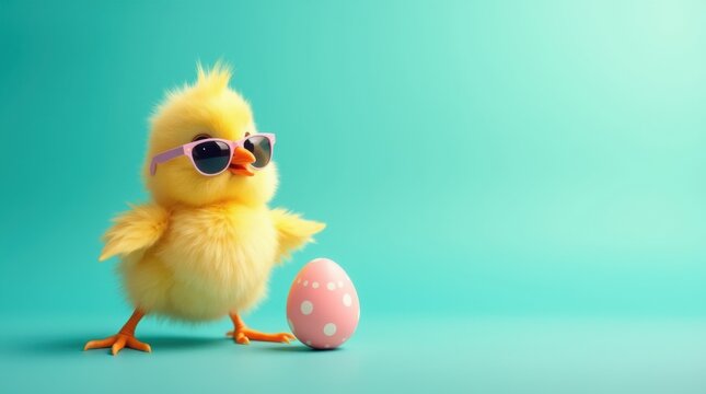 happy easter concept holiday greeting card - Cool cute chick with sunglasses and easter egg, isolated on turquoise background 
