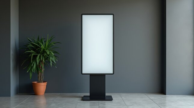 Modern digital display stand with sleek design and illuminated screen next to a potted plant on a tiled floor 
