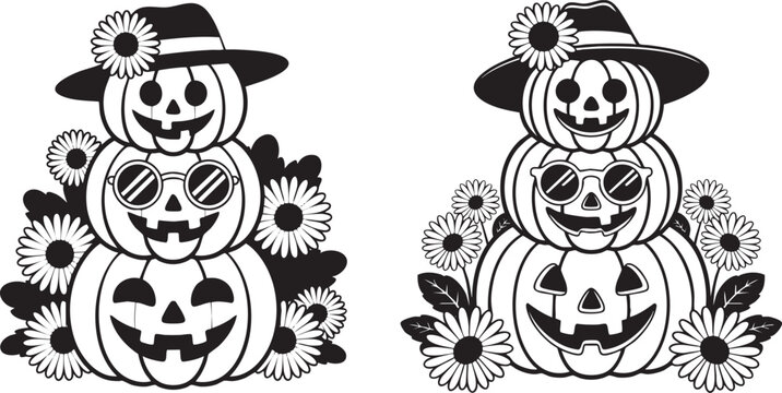 Cute Stacked Pumpkin Snowman with Sunglasses and Daisy Flowers Halloween Vector Illustration