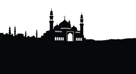 Mosque Silhouette with Domes and Minarets against White Sky © MstParvin