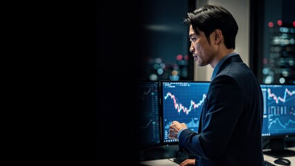 Asian businessman analyzing stock market data charts late at night