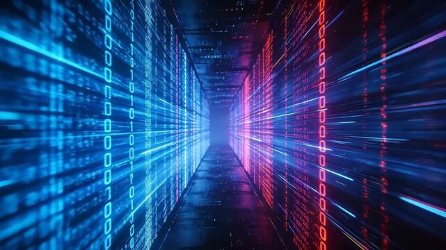 Digital data tunnel with binary code and colorful light streams in dark space