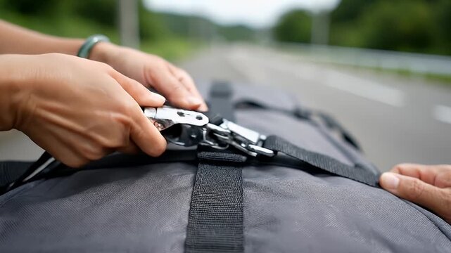 Close Up of Securing Gear with Strap on Road.
