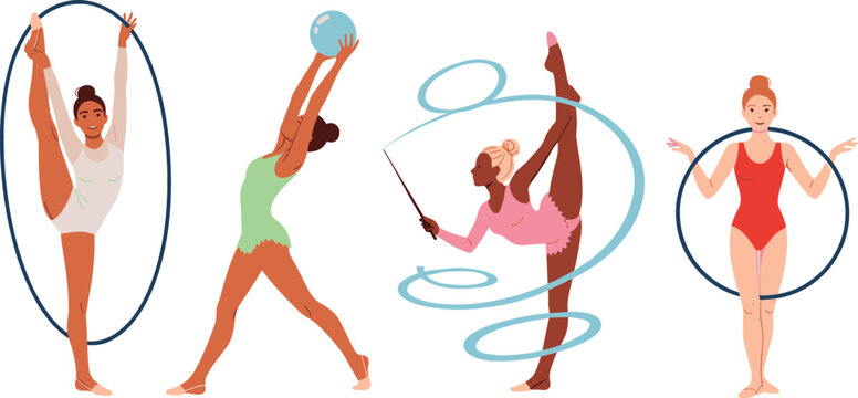 Diverse rhythmic gymnasts set with female athletes performing with hoop ball and ribbon for artistic sports branding