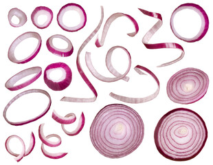 Sliced raw red onions of different shapes set isolated on white background, close-up