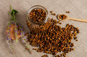 Bee bread on the table in a jar with a wooden spoon, beekeeping product