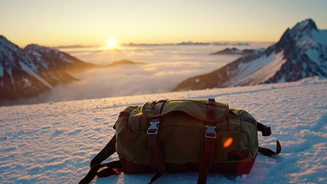 4K cinematic video, retro canvas backpack lying snowy mountain ledge, clouds drifting cinematic drone sweep, golden sunrise lighting shadows snow alpine peaks wind backpack straps, serene adventurous