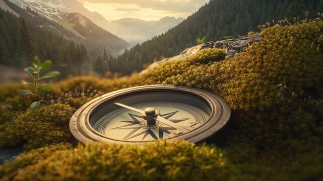 Extreme close-up antique weathered compass spinning moss-covered map, slow cinematic motion, moss small leaves moving subtly, transitioning foggy forest, sunlit canyon, icy mountaintop, golden hour