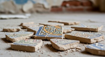 Naklejka premium Scattered Ceramic Tile Fragments on Dusty Ground
