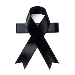 Glossy black ribbon tied in a bow, symbolizing mourning or support, with a plain background