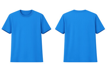 Blue t-shirt mockup showing front and back views, blank apparel template on transparent background