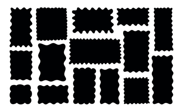 Cloud frames. Cloudy rectangle photo wiggly borders set, wavy silhouettes and scalloped edges for squiggly label sticker templates, geometric vintage mockups. Isolated vector retro badges