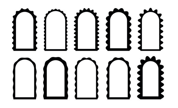 Arch frame set with wiggly edges. Scallop shape border, wiggly arch door or squiggly window. Boho archway, mirror or photo zigzag decoration. Retro simple corrugated gate. Vector isolated set