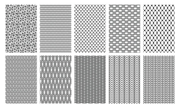 Lace seamless pattern set. Mesh tiles and fishscale textures for geometric wallpaper background, abstract fabric design template. Repeating ornaments for decorative tiled grids isolated set