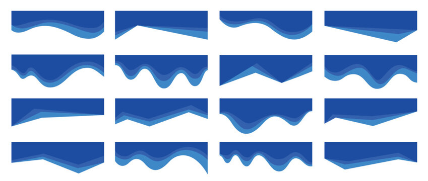 Layered wavy header with papercut curves and headline with blue gradient wave banner, landing page border separator. Geometric angled divider and ribbon stripe, footer frame clipping vector elements