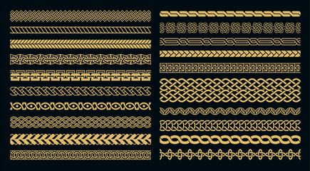 Fototapeta na wymiar Celtic knot braid seamless borders with golden interlace and braided geometric frame for certificates, luxury background and Viking heraldic jewelry decorative design. Vector isolated set