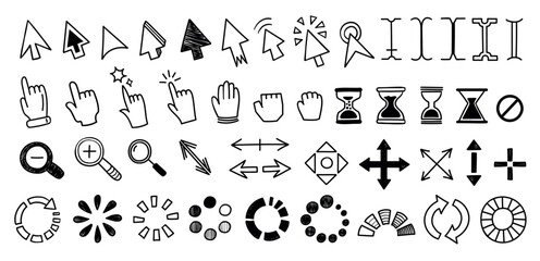 Cursor and pointer doodle icons. Line arrows and hand symbols for web UI, software and app interface. Hand drawn outline icons for click computer mouse actions, loading, move or resize vector set
