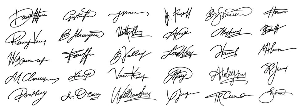 Digital signature vector set. Handwritten script and ink calligraphy for e-signature approval, legal document, business identity branding. Fake autograph random example and stamp seal for certificate