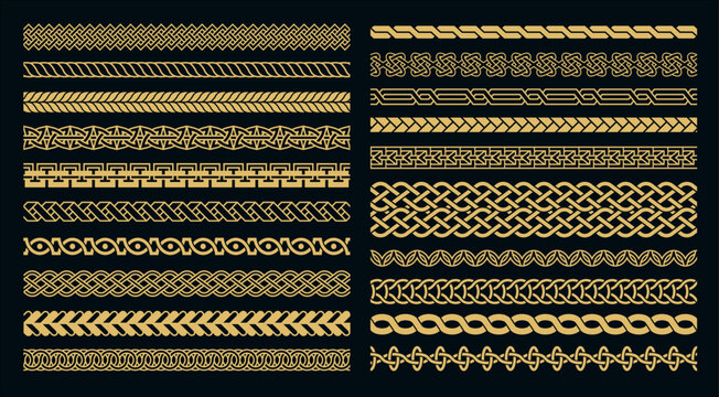Celtic knot braid seamless borders with golden interlace and braided geometric frame for certificates, luxury background and Viking heraldic jewelry decorative design. Vector isolated set