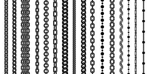 Chain seamless brushes. Twisted braided silhouette links, jewelry borders, fashion apparel patterns. Repeat necklace stripes, bracelet stencil dividers. Vector isolated set