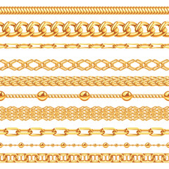 Golden chain seamless borders. Metallic pattern brushes with realistic jewelry gold links, luxury fashion accessory. Glossy necklace dividers, bracelet frames isolated 3D vector set