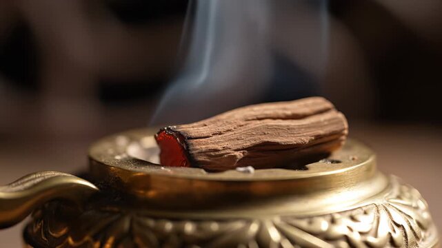 Close up of natural oud wood burning in a decorative brass incense burner with smoke rising against a softly blurred background and warm ambient light