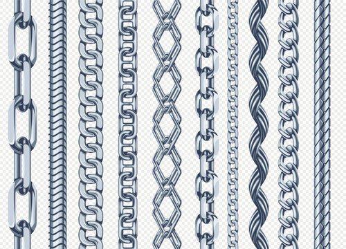 Silver chain seamless borders. Realistic metallic jewelry links, fashion accessory, steel chains for marine design. Glossy repeat chains for bracelet or necklace isolated pattern brushes vector set