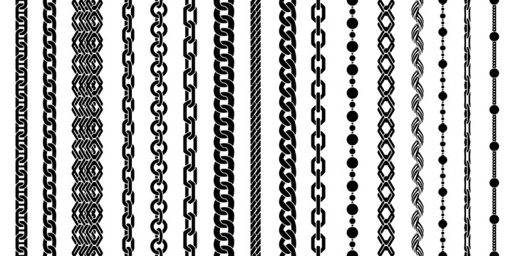 Chain seamless brushes. Twisted braided silhouette links, jewelry borders, fashion apparel patterns. Repeat necklace stripes, bracelet stencil dividers. Vector isolated set