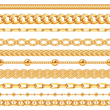 Golden chain seamless borders. Metallic pattern brushes with realistic jewelry gold links, luxury fashion accessory. Glossy necklace dividers, bracelet frames isolated 3D vector set