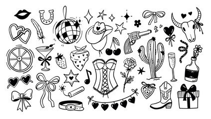 Cowgirl doodle. Western hat, rodeo lassos and disco ball, gun and cocktail, bull skull and cactus, rose and bow, corset for girls bachelorette party. Rodeo whimsical vector coquettish girly set