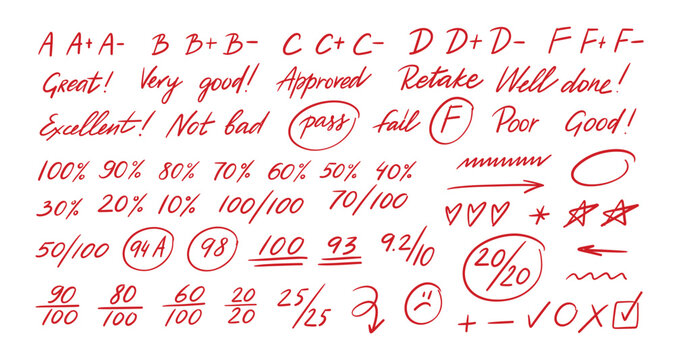 Grade mark. Grading correction doodle, red pen markup and score symbols for school exam test, teacher feedback for university assignment or annotation. Handwritten rating marks isolated vector set