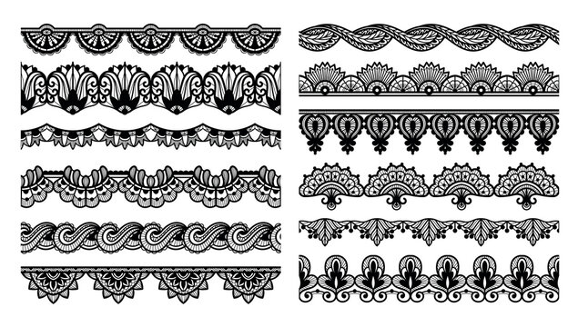 Lace seamless border set with cutwork trim and guipure swirls for vintage invitation, wedding card divider and textile craft or laser cut fabric. Decorative pattern for henna flourishes vector set