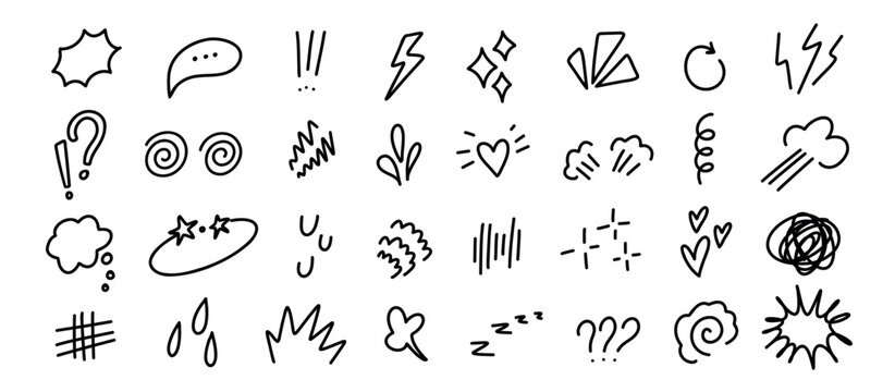 Comic expression doodle set. Reaction marks and motion sparks for manga action, speech bubble and shock or explosion sound. Hand drawn emphasis highlights, speed accents isolated vector set