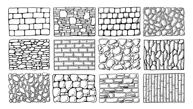 Brick wall doodle. Cobblestone textures, hand drawn hatching vintage wallpaper patterns, game background and rustic construction or landscaping. Outline tiles for facade, pavement surfaces vector set