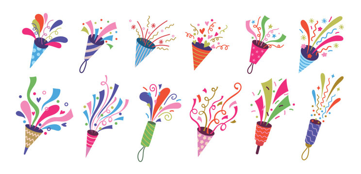 Party poppers and confetti. Colorful bursts and serpentine ribbons, firecracker striped cones for party celebration, festive event invitation and holiday decoration. Carnival isolated vector set