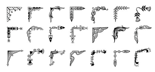 Doodle corners. Swirl line ornaments with floral flourishes and ornate filigree for vintage card, retro certificate borders and baroque elements. Vintage filigree fancy corner vector isolated set