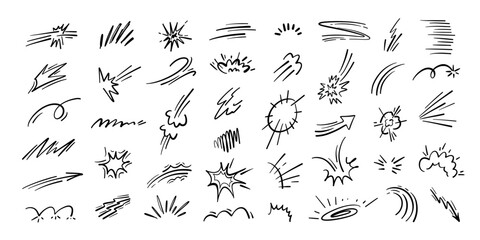 Motion doodle. Energy bursts and speed line trails for comic action, anime impact effect and cartoon dynamic movement or power. Hand drawn bomb explosion, shine accent isolated vector set