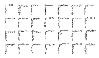 Corner doodle set with swirls and curly flourishes, vintage borders, rustic invitation, hand drawn card or scrapbook edging. Minimal ornamental corners for decorative dividers isolated vector set