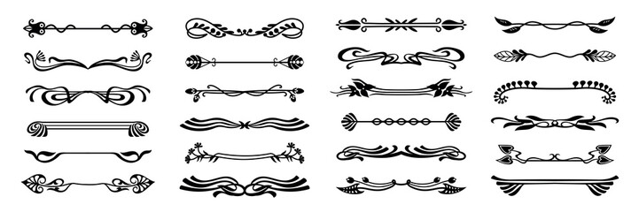 Art nouveau dividers with floral flourishes and calligraphic scrollwork vintage borders, baroque invitation and book separators, ornamental design. Black silhouette headers isolated vector set