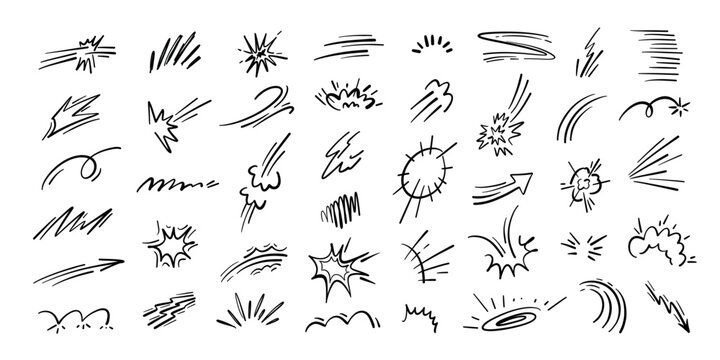 Motion doodle. Energy bursts and speed line trails for comic action, anime impact effect and cartoon dynamic movement or power. Hand drawn bomb explosion, shine accent isolated vector set