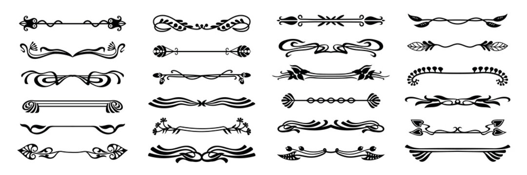 Art nouveau dividers with floral flourishes and calligraphic scrollwork vintage borders, baroque invitation and book separators, ornamental design. Black silhouette headers isolated vector set