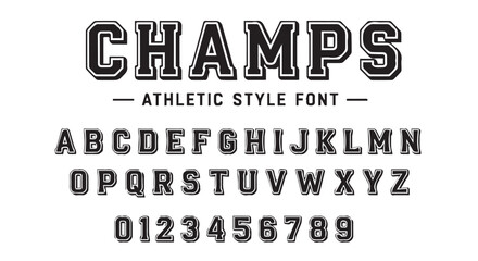 Obraz premium Champs athletic style font, bold black letters with white outline, uppercase alphabet and numbers on white background.