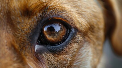 Close-up of a dog's eye, showcasing its brown iris and black pupil. The fur around the eye is light brown, highlighting the dog's expressive gaze.