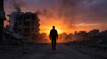 Silhouetted Figure Walks Through Smoldering City Ruins