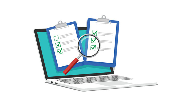 Business digital audit concept with laptop displaying checklists and magnifying glass for data verification and inspection.